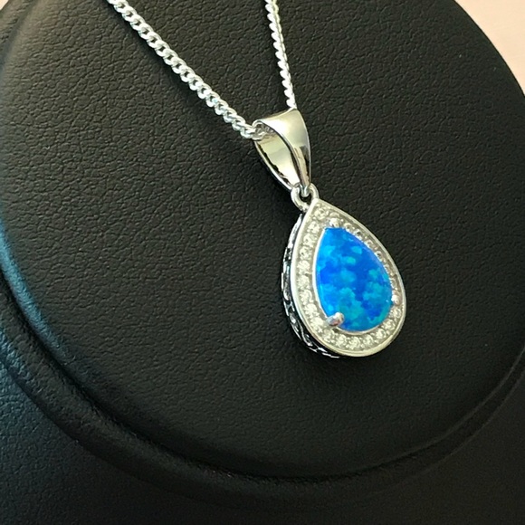 Blue Opal and CZ Sterling Silver Necklace - Picture 7 of 8
